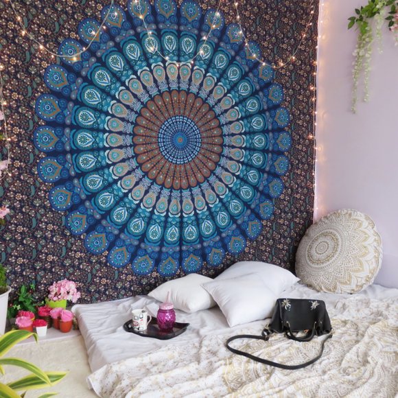 Oussum Blue-Pink Mandala Peacock Print Wall Décor Bohemian Tapestry for Bedroom - Picture 1 of 3